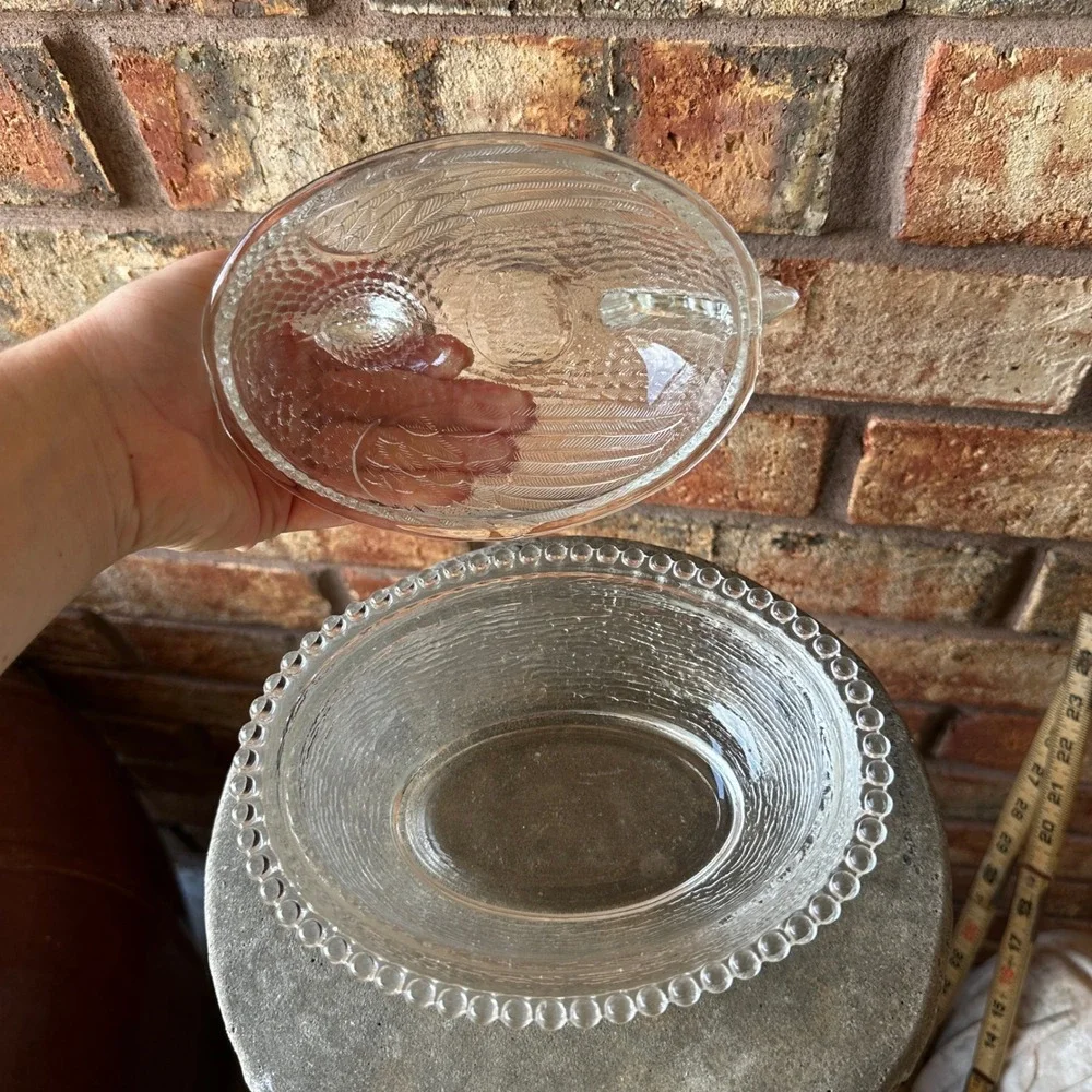 Vintage Clear Indiana Pressed Glass Hen on Nest Covered Candy Dish Beaded Rim